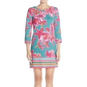 Lilly Pulitzer Dress Linden Sea Blue Via Sunny Shift Floral 3/4 Sleeve medium